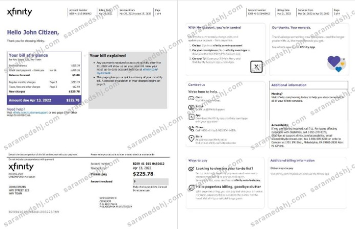 USA Philadelphia Xfinity utility bill Word and PDF template, 4 pages 1 2